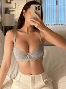 DAZY Áo ngực ren vá gợi cảm hở vai có gọng nâng ngực - Xám - Xem 5