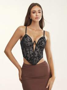 Glamine Women Floral Mesh Lace Asymmetric Hem Sexy Fitted Camisole Top,Black Lace Corset,Sexy Women Outfits,Black Corset Top,Going Out Tops