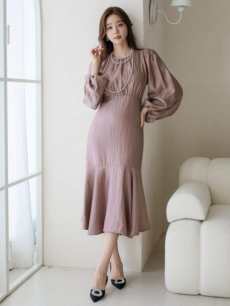 Women's Solid Color Lantern Sleeve Fishtail Ruffle Asymmetric Hem Dress,Fall Clothes Long Sleeve Dress