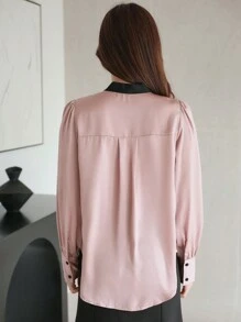 DAZY 女式撞色蝴蝶结领长袖衬衫秋季上衣 - 粉色 - 查看 2