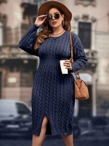 SHEIN Clasi Plus Size Solid Color Cable Knit Slit Maxi Sweater Dress, Casual For Autumn And Winter - Royal Blue - View 3