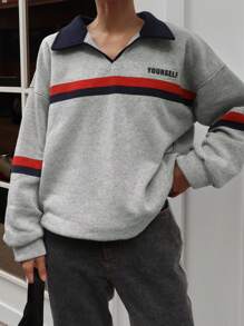 DAZY Women V-Neck Striped Color Block Letter Print Loose Fit Fleece Sweatshirt,Fall Clothes,Winter