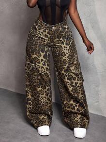 Slaydiva Women Leopard Print Cargo Pocket Wide Leg Jeans - Multicolor - View 6