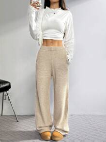 SHEIN EZwear Quần dệt kim ống đứng lưng thun màu trơn cho nữ - Xám - Xem 5