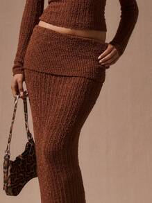 MUSERA Foldover Waist Knit Maxi Skirt Elegant Vacation Cute Sexy 90's Fall Winter - Coffee Brown - View 5