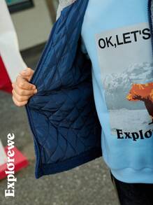 SHEIN Tween 男童时尚休闲拼色字母刺绣羊毛夹克，适合户外穿着 - 彩色 - 查看 3