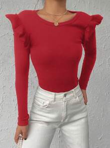 Cottnline 95% Cotton Ribbed Knit Ruffle Trim Tee - Red - View 4