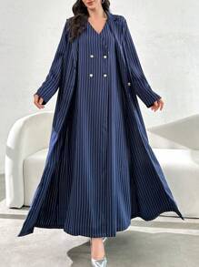 Al Najma 女士优雅条纹长款金属纽扣装饰长袍，适合春秋季节，端庄优雅的长款长袍长袖长袍，适合日常休闲/晚会 - 藍色 - 查看 4