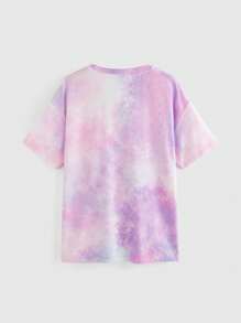 Winx Club X ROMWE Camiseta de manga corta holgada con caída de hombros, diseño de personaje de dibujos animados y texto japonés en efecto tie-dye, para mujer, verano