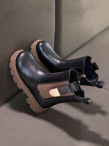 女童靴子，2024 秋冬新款英式中筒儿童靴子，中童和女童真皮幼儿踝靴 - 黑色 - 查看 3