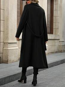 EMERY ROSE Women Casual Solid Color Stand Collar Double-Breasted Long Overcoat, Autumn - Black - View 2