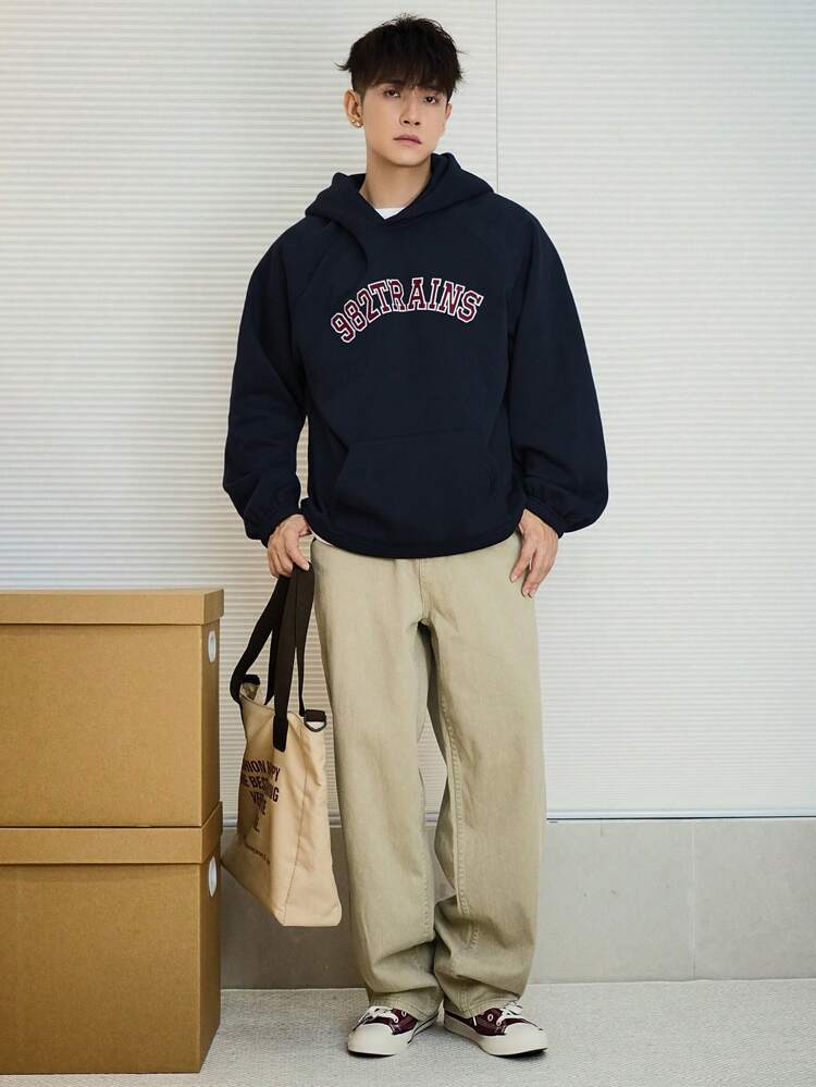 Men's Letter Print Hooded Long Sleeve Casual Pullover Sweatshirt, Autumn