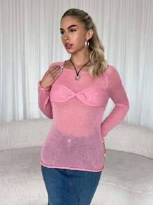 Chiquease Pullover tricoté rose minimaliste pour femmes, automne, hiver - Rose bonbon - Voir 3