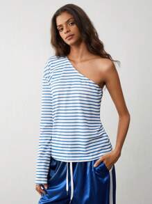 Flirla 1pc Women Blue Stripe Asymmetric One Shoulder Top, Minimalist Design, Autumn/Winter