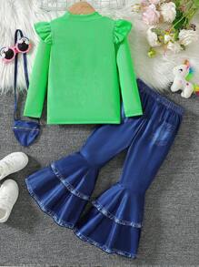 SHEIN 3pcs/Set Little Girls Autumn Fashionable Cute Unicorn Print Ruffle Long Sleeve T-Shirt Top + Flare Pants + Heart Sling Bag