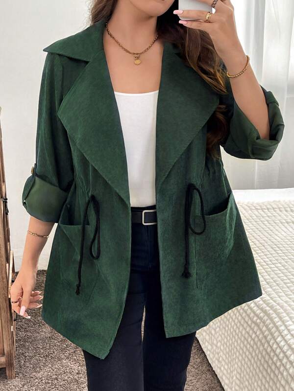 SHEIN LUNE Plus Size Corduroy Military Green Lapel Cinched Waist Pockets Slim Fit Windbreaker Plus Size Fall Clothes