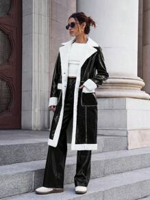 SHEIN Essnce 冬季长袖仿皮大衣，内衬羊羔绒，休闲日常复古翻领双口袋设计，适合冬季感恩节的时尚街头风穿搭。 - 黑與白 - 查看 7