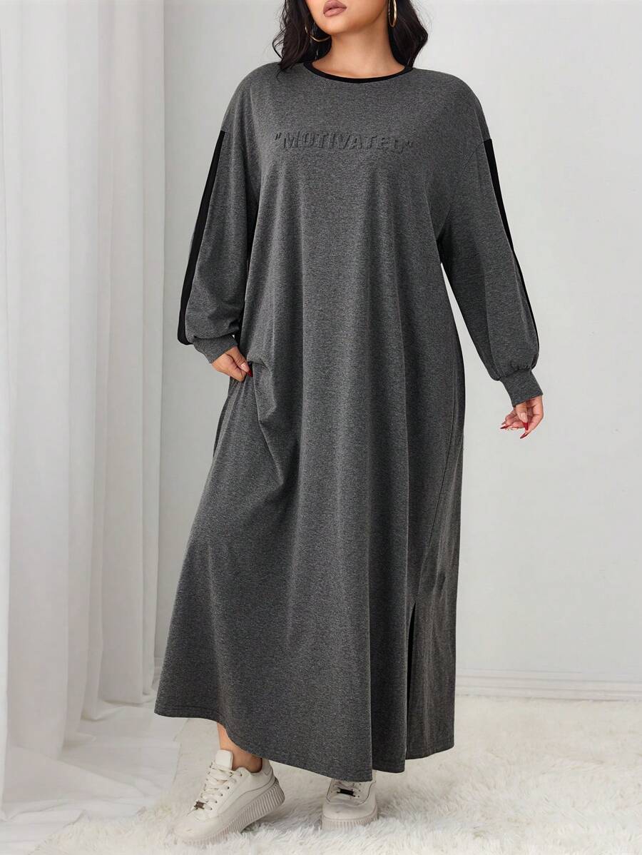Mulvari Plus Size Color Block Letter Graphic Long Casual Dress, Autumn - Dark Grey - View 1