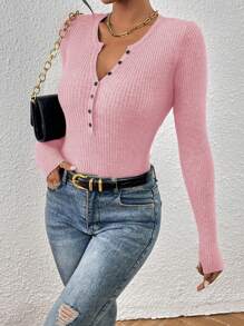 SHEIN Essnce 秋季休闲纯色半扣长袖修身毛衣 - 粉色 - 查看 6