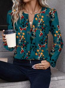 SHEIN Clasi Camisa holgada de mujer de manga larga con estampado verde retro minimalista casual, apta para otoño/invierno