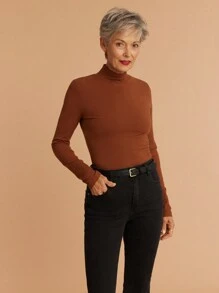 SHEIN LUNE 1pc Fashion Granny Brown Tight Fitted Warm T-Shirt For Women