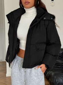 SHEIN EZwear 冬季保暖连帽耳机袋加厚加厚长袖夹克，秋冬 - 黑色 - 查看 5