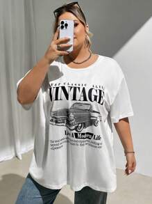 SHEIN CURVE+ Plus Size Casual Simple Design Crew Neck Short Sleeve Loose T-Shirts, For Summer - White - View 8
