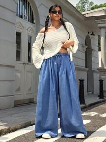 SHEIN EZwear 大码休闲水洗抽绳腰部开衩下摆阔腿牛仔裤 - 中等水洗藍 - 查看 3