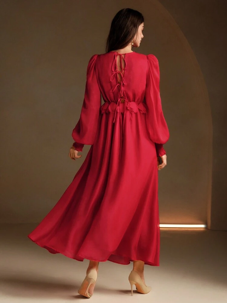 Women V-Neck Applique Shirred Long Sleeve Dress, Autumn For New Year Clothes Maxi Women Outfit