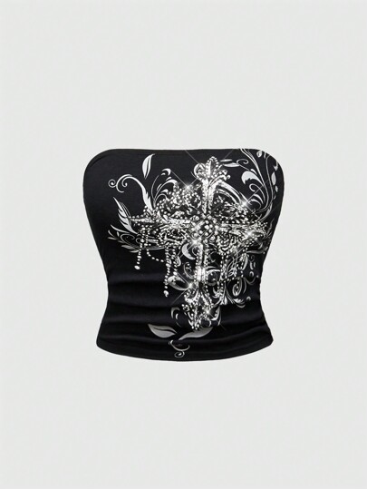 Top Corto Da Donna Stile Y2K Con Stampa A Croce E Decorazione Di Strass