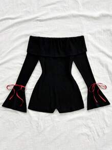 Soleia Women Casual Off Shoulder Flared Sleeve Belted Jumpsuit