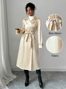 Selianne Lapel Shiny Long Sleeve Cinched Waist Waist Women Trench Coat Fall Cloth For Women - Gold - View 1