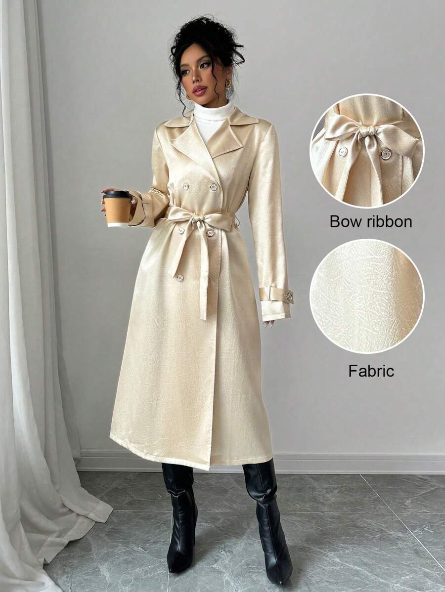 Selianne Lapel Shiny Long Sleeve Cinched Waist Waist Women Trench Coat Fall Cloth For Women - Gold - View 1