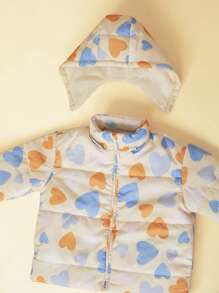 SHEIN Young Girls' Colorful Heart Print Detachable Hooded Casual Thermal Lined Jacket, Autumn/Winter - Beige - View 6
