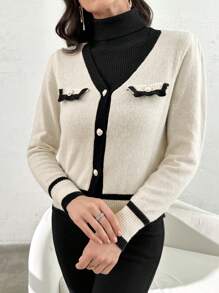 Modelyn 女式休闲拼接拼色纽扣点缀针织开衫，秋冬款 - 杏色 - 查看 3