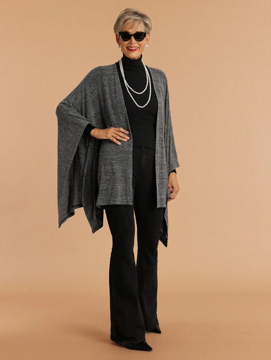 SHEIN LUNE Women's Solid Color Elegant Asymmetric Hem Casual/Work Poncho Coat - Grey - View 1