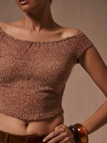 MUSERA Bardot Knit Crop Top Vacation Spring Summer Holiday - Coffee Brown - View 5