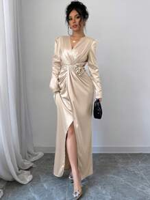 Elenzga Vestido largo de satén de unicolor con manga larga, decoración floral y nudo trenzado para mujeres