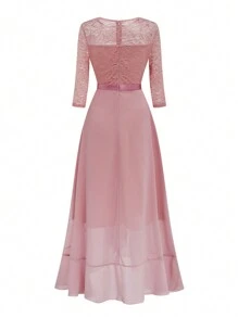 SHEIN Clasi 1pc Women Elegant Plain Color Lace Patchwork Ruffled Hem Dress, Suitable For Autumn - Pink - View 2