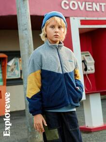 SHEIN Tween 男童时尚休闲拼色字母刺绣羊毛夹克，适合户外穿着 - 彩色 - 查看 4