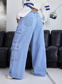 SHEIN ICON Plus Size Blue Zipper Front Pocket Workwear Denim Jeans - Light Wash - View 2