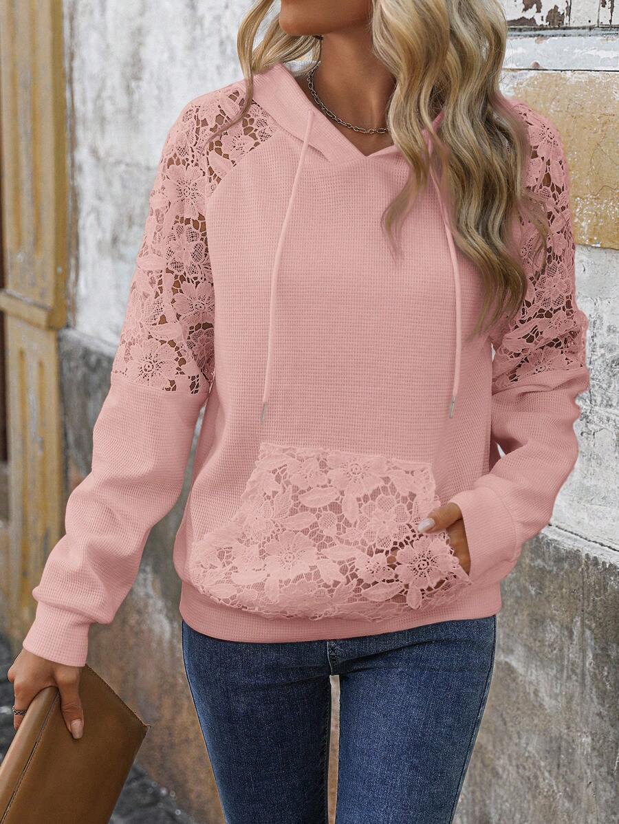 SHEIN LUNE Áo nỉ trùm đầu dệt kim ren chắp vá thường ngày cho nữ mùa thu/đông, áo dài tay - Hồng - Xem 1