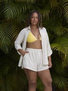 Aralina 大码女式条纹落肩长袖休闲单排扣衬衫，秋季 - 黃色 - 查看 7