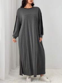 Mulvari Plus Size Color Block Letter Graphic Long Casual Dress, Autumn - Dark Grey - View 5