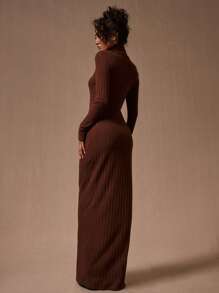 MUSERA High Neck Long Sleeve Ribbed Maxi Dress Elegant Spring Vacation Summer Going Out - Chocolate Brown - View 3