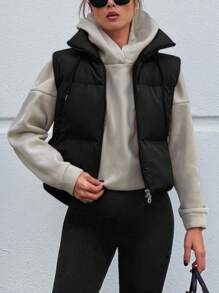 EURMUSE Zip Up Drawstring Puffer Vest Coat - Black - View 3