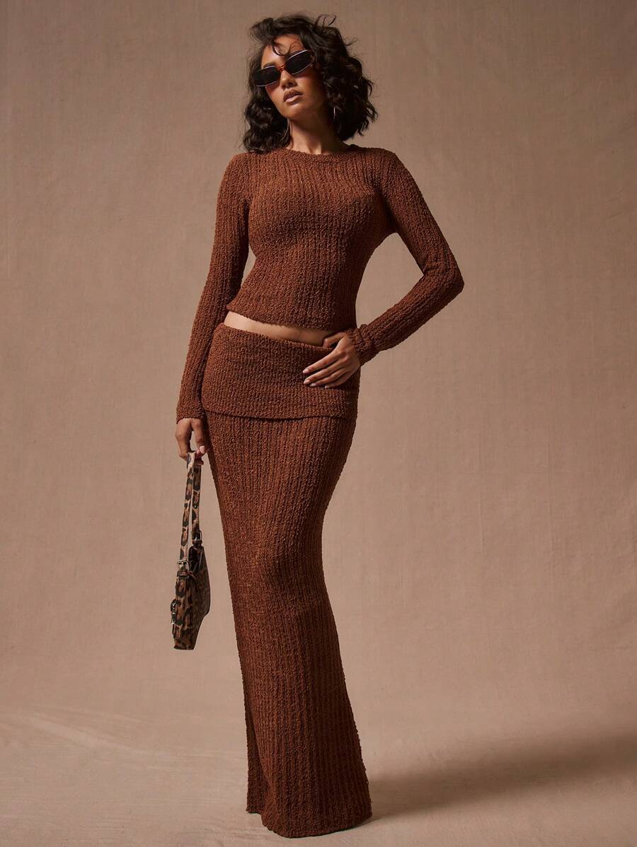 MUSERA Foldover Waist Knit Maxi Skirt Elegant Vacation Cute Sexy 90's Fall Winter - Coffee Brown - View 1