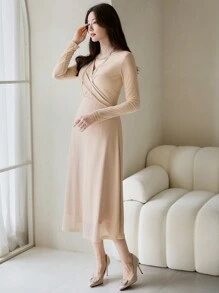 DAZY Abito lungo casual da donna a maniche lunghe con scollo a V, colore unito, abito autunnale - Albicocca - Visualizzare 8
