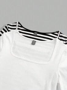 SHEIN EZwear Bộ 2 món áo thun sọc cổ vuông bó sát tay dài thường ngày cho nữ - Nhiều màu - Xem 7