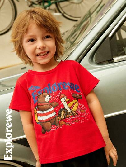 SHEIN 3pcs/Set Young Boys Outdoor Sport Bear & Duck Print Short Sleeve T-Shirts